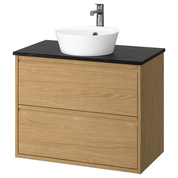 ÄNGSJÖN / KATTEVIK - Washbasin/drawer unit/misc, oak/black marble effect,82x49x80 cm