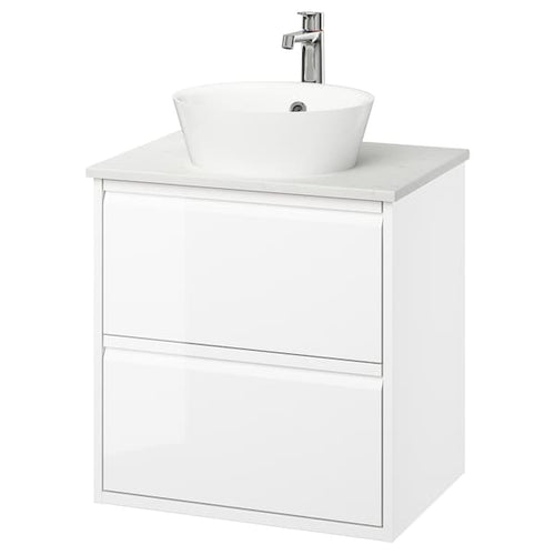 ÄNGSJÖN / KATTEVIK - Washbasin/drawer unit/misc, glossy white/marble white effect,62x49x80 cm
