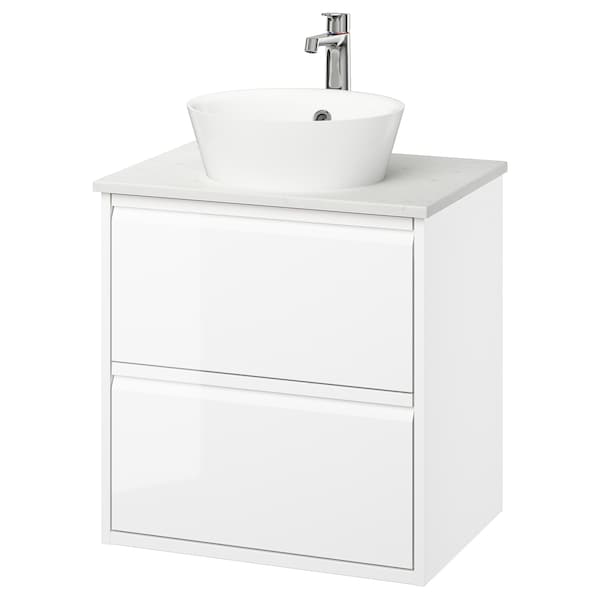 ÄNGSJÖN / KATTEVIK - Washbasin/drawer unit/misc, glossy white/marble white effect,62x49x80 cm