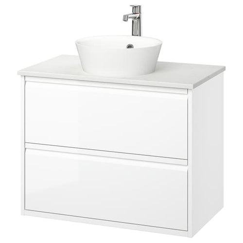 ÄNGSJÖN / KATTEVIK - Washbasin/drawer unit/misc, glossy white/marble white effect,82x49x80 cm