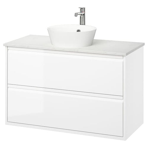 ÄNGSJÖN / KATTEVIK - Washbasin/drawer unit/misc, glossy white/marble white effect,102x49x80 cm