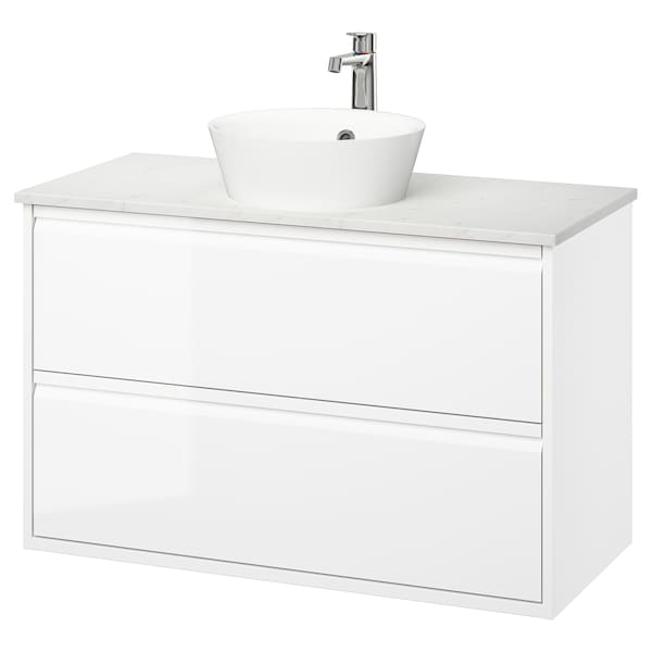 ÄNGSJÖN / KATTEVIK - Washbasin/drawer unit/misc, glossy white/marble white effect,102x49x80 cm