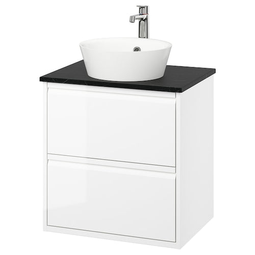 ÄNGSJÖN / KATTEVIK - Washbasin/drawer unit/misc, glossy white/black marble effect,62x49x80 cm