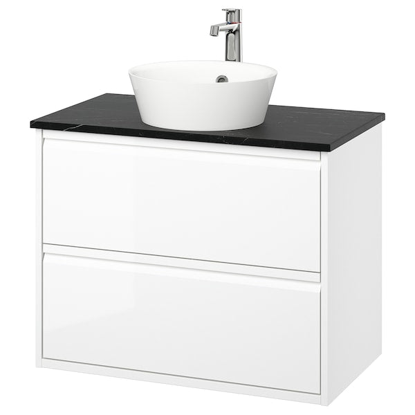 ÄNGSJÖN / KATTEVIK - Washbasin/drawer unit/misc, glossy white/black marble effect,82x49x80 cm - best price from Maltashopper.com 69521413