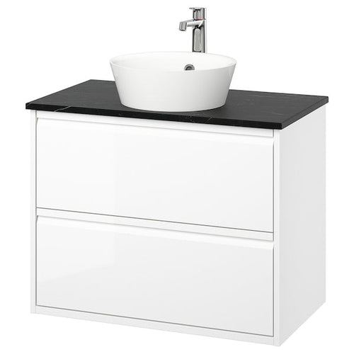 ÄNGSJÖN / KATTEVIK - Washbasin/drawer unit/misc, glossy white/black marble effect,82x49x80 cm