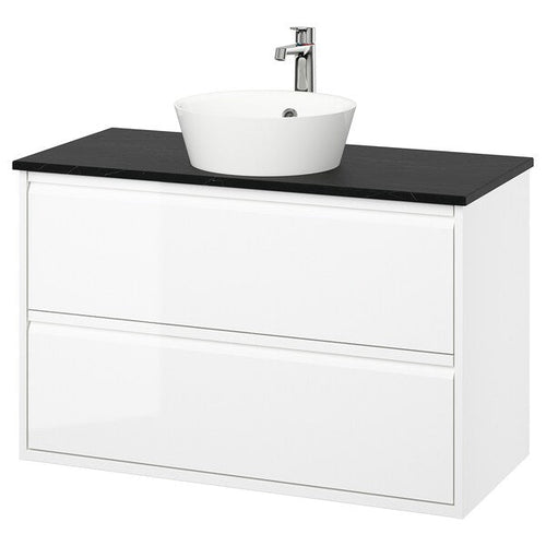 ÄNGSJÖN / KATTEVIK - Washbasin/drawer unit/misc, glossy white/black marble effect,102x49x80 cm