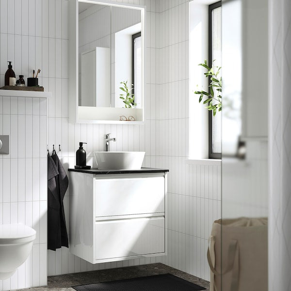 ÄNGSJÖN / KATTEVIK - Washbasin/drawer unit/misc, glossy white/black marble effect,62x49x80 cm - best price from Maltashopper.com 59521550