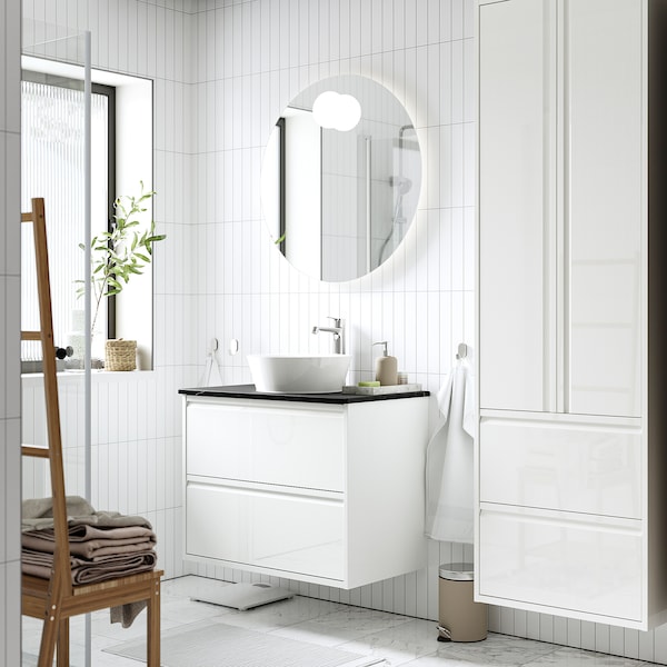 ÄNGSJÖN / KATTEVIK - Washbasin/drawer unit/misc, glossy white/black marble effect,82x49x80 cm - best price from Maltashopper.com 69521413