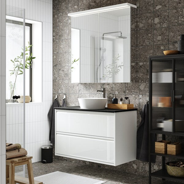 ÄNGSJÖN / KATTEVIK - Washbasin/drawer unit/misc, glossy white/black marble effect,102x49x80 cm - best price from Maltashopper.com 29521580