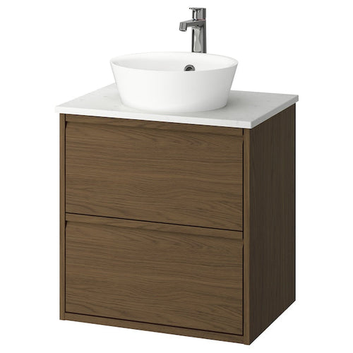 ÄNGSJÖN / KATTEVIK - Washbasin/drawer unit/misc, oak-effect brown/marble-effect white,62x49x80 cm