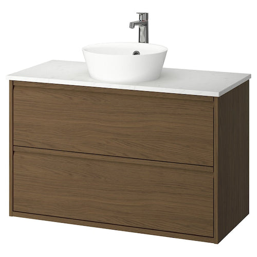 ÄNGSJÖN / KATTEVIK - Washbasin/drawer unit/misc, oak-effect brown/marble-effect white,102x49x80 cm