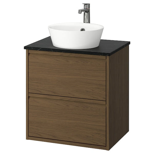 ÄNGSJÖN / KATTEVIK - Washbasin/drawer unit/misc, oak-effect brown/marble-effect black,62x49x80 cm