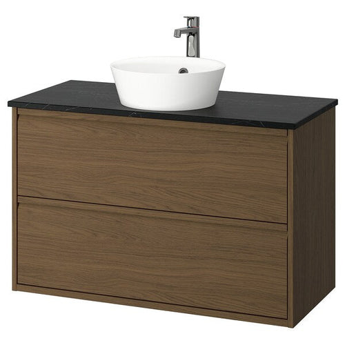 ÄNGSJÖN / KATTEVIK - Washbasin/drawer unit/misc, oak-effect brown/marble-effect black,102x49x80 cm