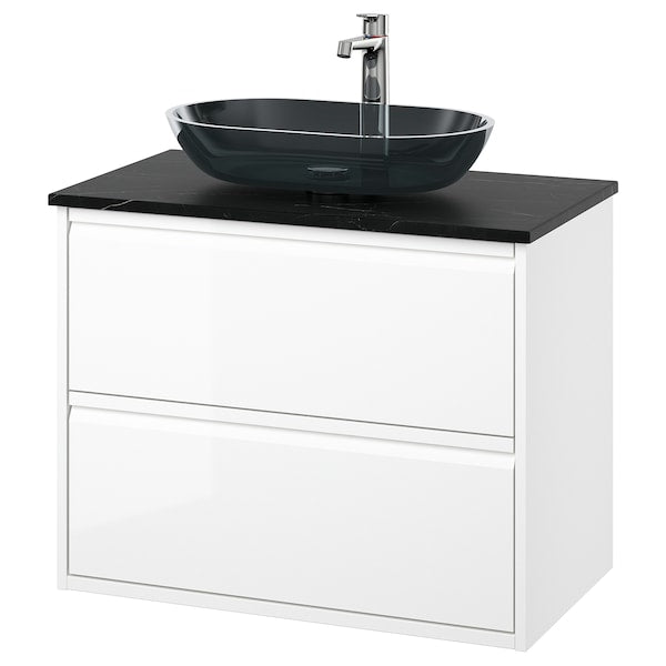ÄNGSJÖN / OXMYREN - Washbasin/drawer/misc cabinet, glossy white/black marble effect,82x49x77 cm - best price from Maltashopper.com 99521416