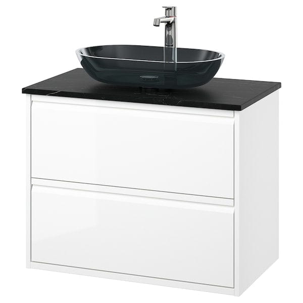 Ikea ÄNGSJÖN / OXMYREN - Washbasin/drawer/misc cabinet, glossy white/black marble effect,82x49x77 cm