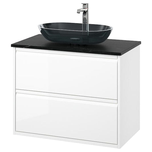 Ikea ÄNGSJÖN / OXMYREN - Washbasin/drawer/misc cabinet, glossy white/black marble effect,82x49x77 cm