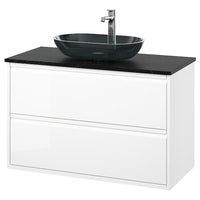 ÄNGSJÖN / OXMYREN wash-stnd w drawers/wash-basin/tap, high-gloss white/black marble effect, 102x49x77 cm