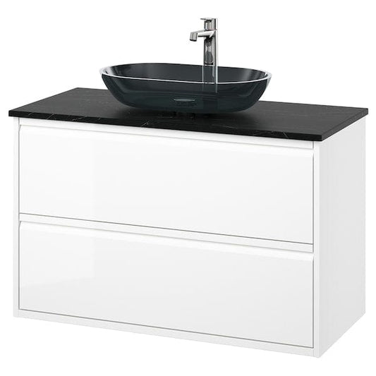 Ikea ÄNGSJÖN / OXMYREN - Washbasin/drawer unit/misc, glossy white/black marble effect,102x49x77 cm