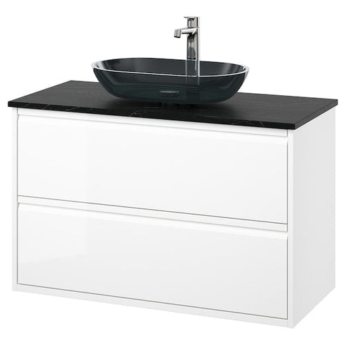 ÄNGSJÖN / OXMYREN - Washbasin/drawer unit/misc, glossy white/black marble effect,102x49x77 cm