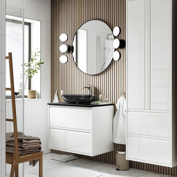 Ikea ÄNGSJÖN / OXMYREN - Washbasin/drawer/misc cabinet, glossy white/black marble effect,82x49x77 cm