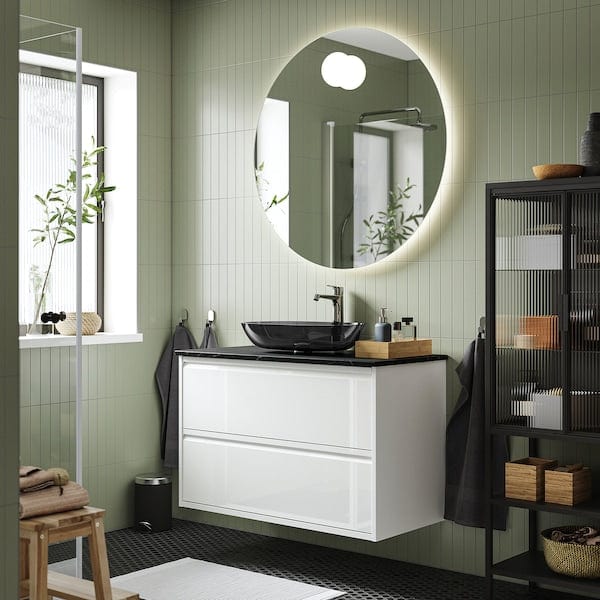 Ikea ÄNGSJÖN / OXMYREN - Washbasin/drawer unit/misc, glossy white/black marble effect,102x49x77 cm
