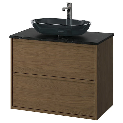 ÄNGSJÖN / OXMYREN - Washbasin/drawer unit/misc, oak-effect brown/marble-effect black,82x49x77 cm