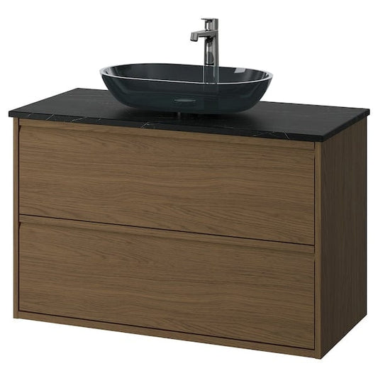 Ikea ÄNGSJÖN / OXMYREN - Washbasin/drawer unit/misc, oak-effect brown/marble-effect black,102x49x77 cm