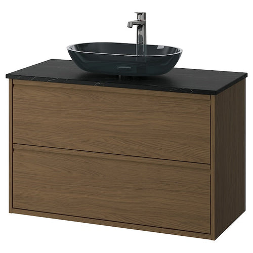 ÄNGSJÖN / OXMYREN - Washbasin/drawer unit/misc, oak-effect brown/marble-effect black,102x49x77 cm