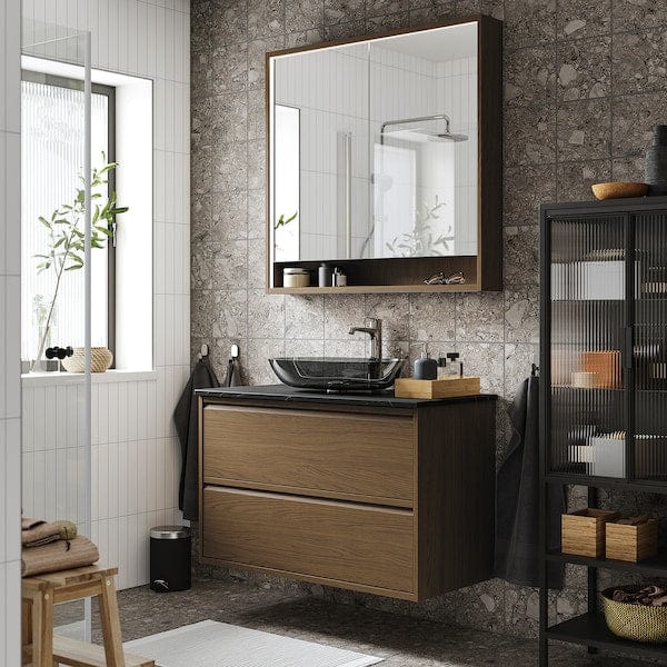 Ikea ÄNGSJÖN / OXMYREN - Washbasin/drawer unit/misc, oak-effect brown/marble-effect black,102x49x77 cm