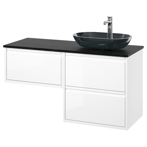 ÄNGSJÖN / OXMYREN - Washbasin/washbasin/mixer unit, glossy white/black marble effect,122x49x77 cm - best price from Maltashopper.com 19528582