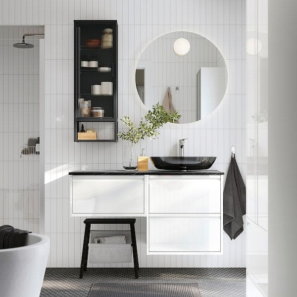 Ikea ÄNGSJÖN / OXMYREN - Washbasin/washbasin/mixer unit, glossy white/black marble effect,122x49x77 cm
