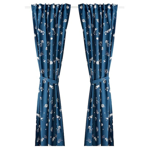 AFTONSPARV - Curtains with tie-backs, 1 pair, space blue/white, 120x300 cm