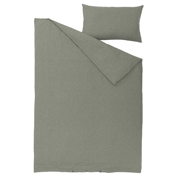 ÅKERFIBBLA - Duvet cover and pillowcase, blue-green white/check