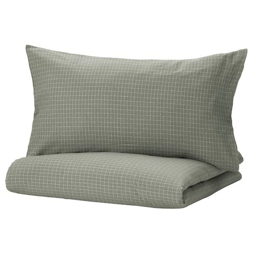 ÅKERFIBBLA - Duvet cover and pillowcase, blue-green white/check, 150x200/50x80 cm