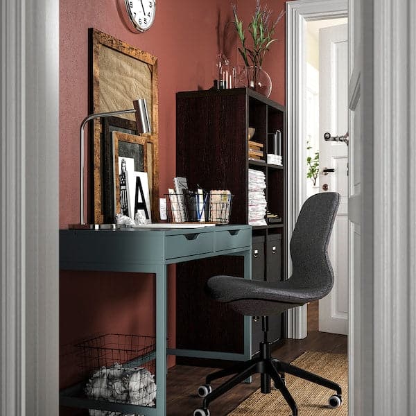 ALEX/LÅNGFJÄLL / KALLAX Desk/storage element - and swivel chair grey-turquoise/black