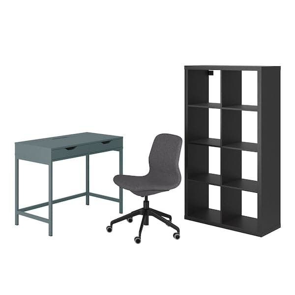 ALEX/LÅNGFJÄLL / KALLAX Desk/storage element - and swivel chair grey-turquoise/black