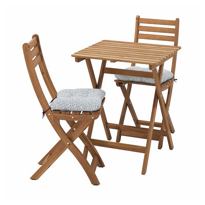 ASKHOLMEN - Table+2 folding chairs garden, dark brown/Klösan blue,60x62 cm