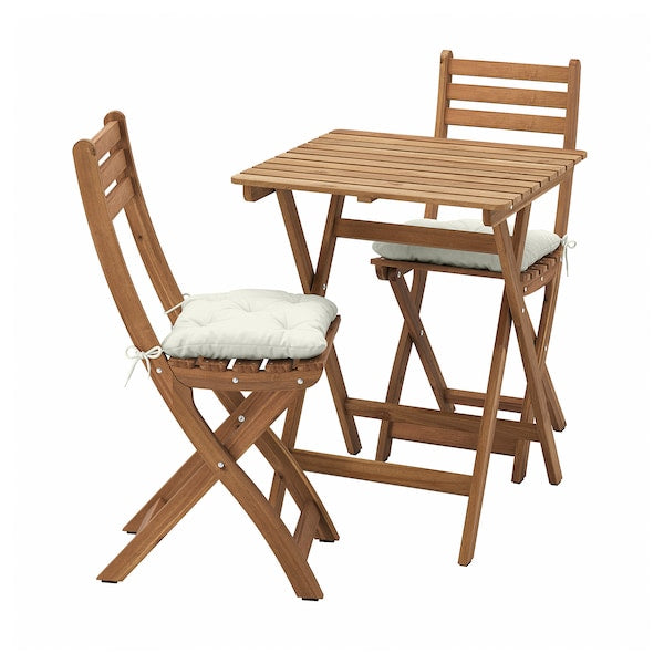 ASKHOLMEN - Table+2 folding chairs garden, dark brown/Kuddarna beige,60x62 cm