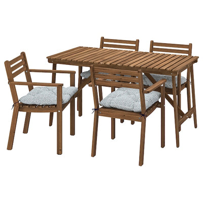 ASKHOLMEN - Table+4 chairs armrests, garden, dark brown/Klösan blue,143x75 cm
