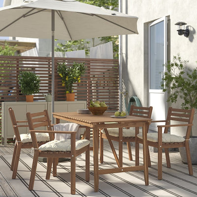 ASKHOLMEN - Table+4 chairs armrests, garden, dark brown/Kuddarna beige,143x75 cm