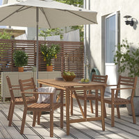 ASKHOLMEN - Table+4 chairs w armrests, outdoor, dark brown, 143x75 cm