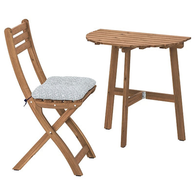ASKHOLMEN - Wall table/1 folding chair, dark brown/Klösan blue,70x44 cm