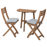ASKHOLMEN table f wall+2 fold chairs, outdoor, dark brown/Klösan blue, 70x44 cm