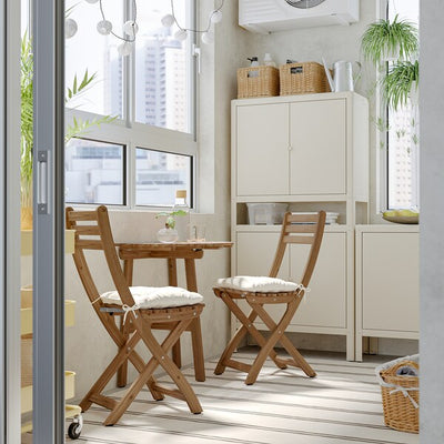ASKHOLMEN - Wall table/2 folding chairs, dark brown/Kuddarna beige,70x44 cm
