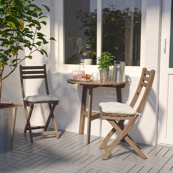 ASKHOLMEN - Table f wall+2 fold chairs, outdoor, light brown stained