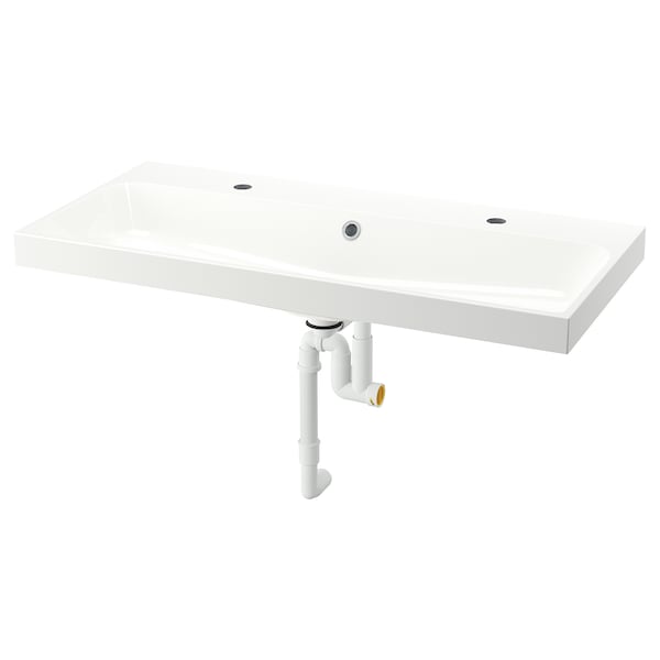 BACKSJÖN - Wash-basin with water trap, white, 100x48 cm