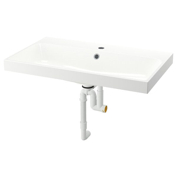 BACKSJÖN - Wash-basin with water trap, white, 80x48 cm