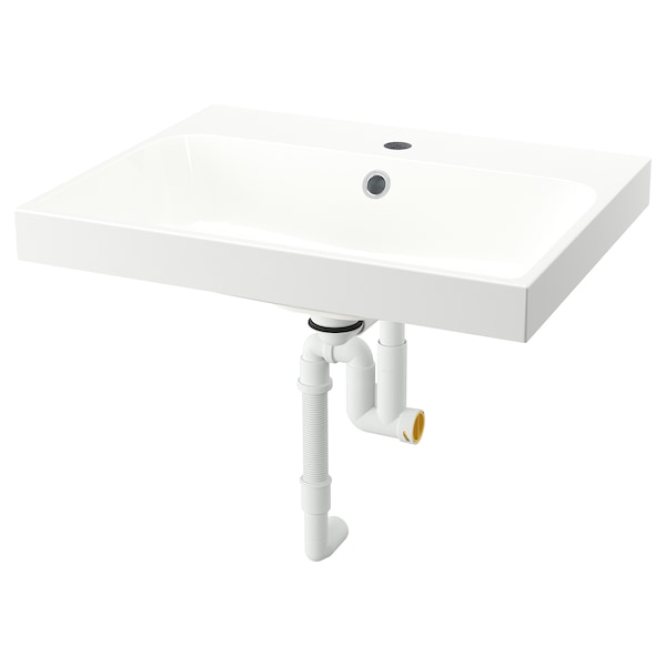 BACKSJÖN - Wash-basin with water trap, white, 60x48 cm