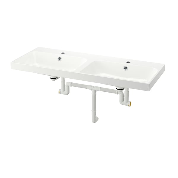 BACKSJÖN - Double washbasin with siphon, white,120x48 cm - best price from Maltashopper.com 19516763