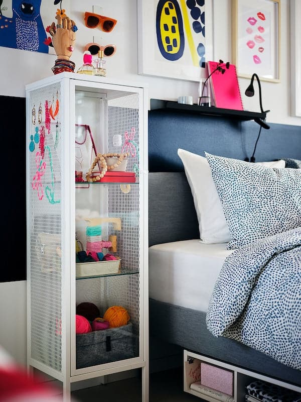 BAGGEBO - Cabinet with glass doors, metal/white, 34x30x116 cm - best price from Maltashopper.com 80502998